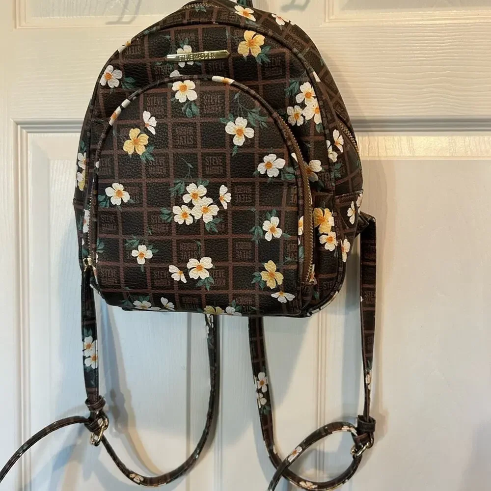 Steve Madden Brown Logo Daisy Floral Mini Backpack
